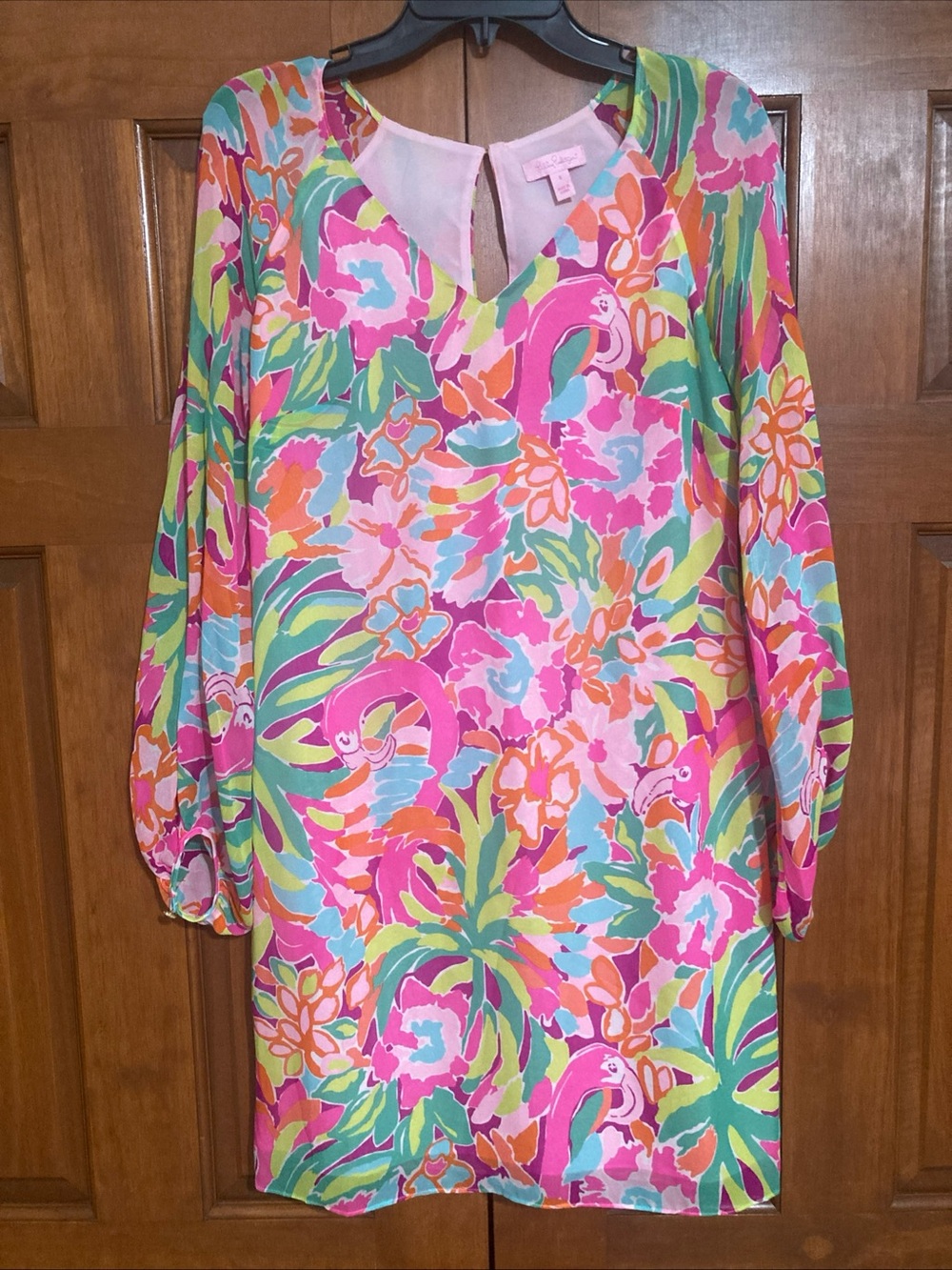Lilly Pulitzer Pink flamingo carleigh 100% silk Floral Shift Dress women’s Sz 4